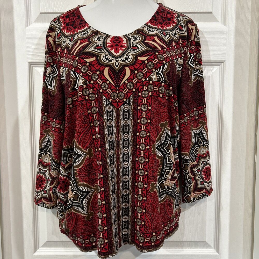 Chicos 3 V-Neck Colorful Exotic Block Print Blouse Tunic Top Stretch Knit XL